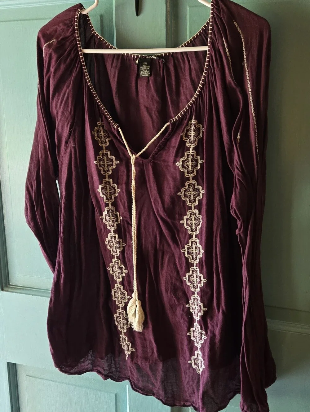 Lucky Brand Plum Embroidered Peasant Tunic with Tassel Tie - Picture 1 of 2